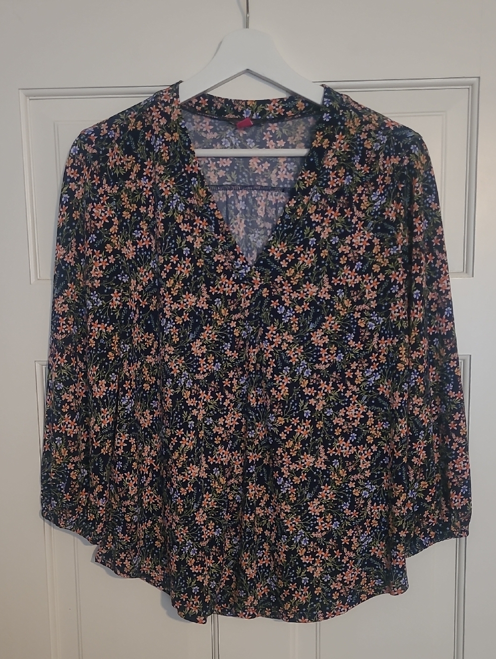 Vince Camuto Navy Floral V-Neck Blouse with Peach & Lavender Flowers